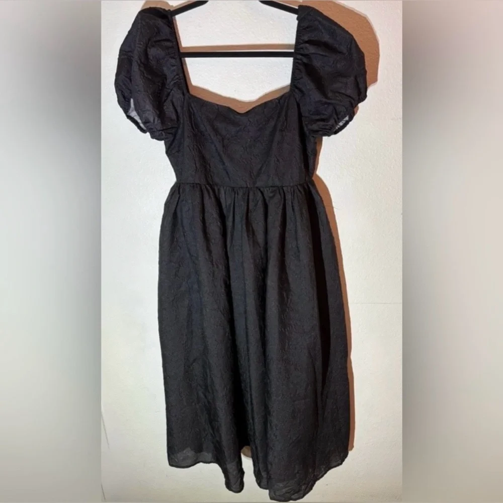 Lulus NWT “Adorable Mood” Black Floral Jacquard Puff Sleeve Babydoll Dress Large - Picture 10 of 16